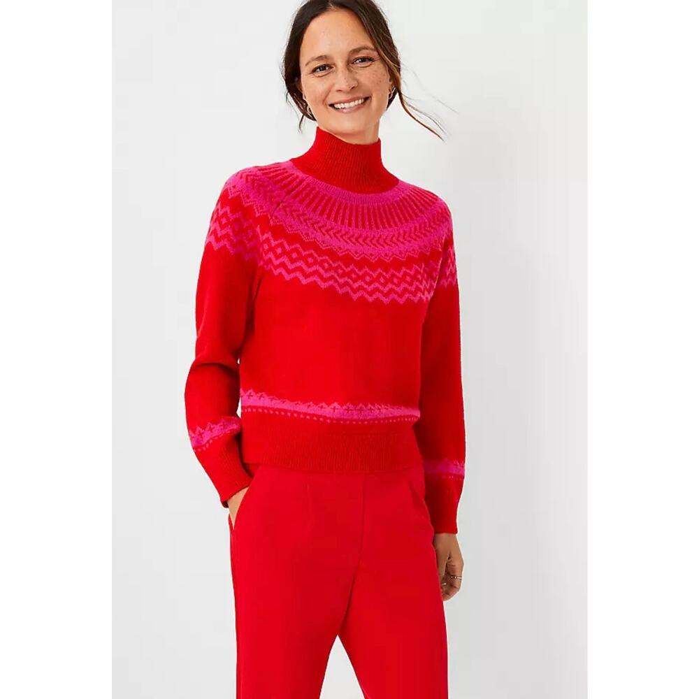 Ann Taylor Fair Isle Red‎ & Pink Mock Neck Size Small Petite